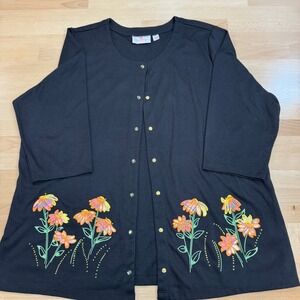 Quacker Factory by Jeanne Bice XL Black Floral Rhinestone Button Cardigan
